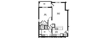 a floor plan of a small house with a bedroom and a bathroom