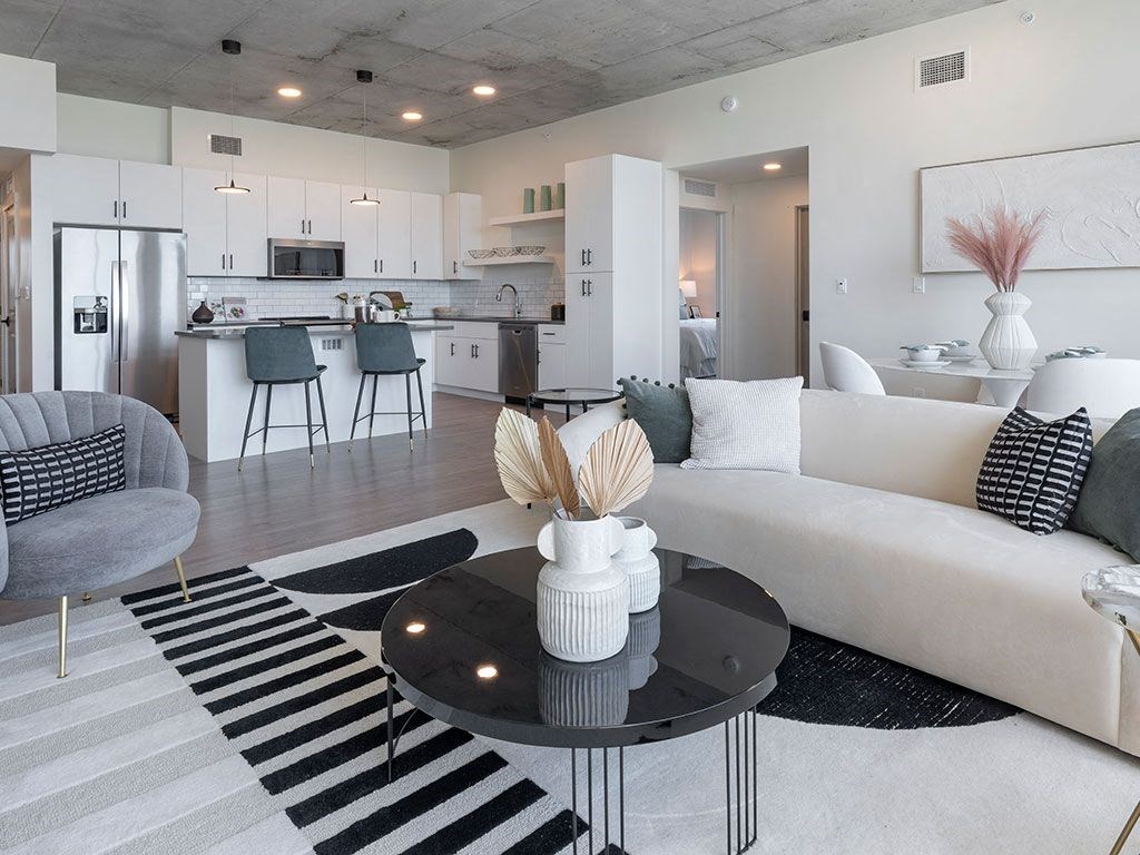A modern living room with a black and white striped rug.