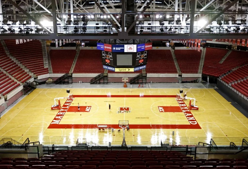 a basketball court in the middle of a stadium