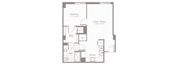 a floor plan of a small apartment with a bedroom and a kitchen