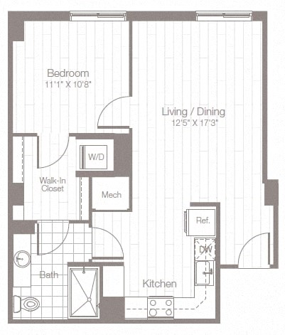 a floor plan of a small apartment with a bedroom and a kitchen
