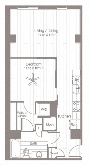 a floor plan of a small apartment with a bedroom and a kitchen