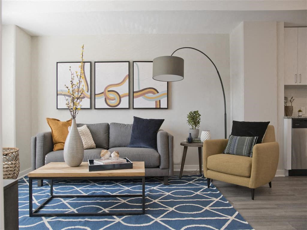 a living room with a couch and a coffee table