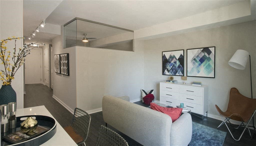 a living room with a couch and a table