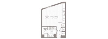 a floor plan of a small apartment with a bedroom and a kitchen