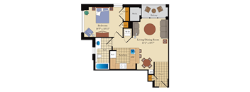 a floor plan of a residence with bedrooms and a living room