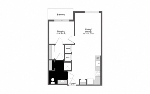 a floor plan of a studio apartment with a bedroom and a living room