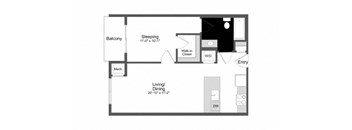 a floor plan of a studio apartment with a bedroom and a living room