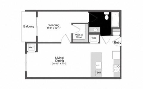 a floor plan of a studio apartment with a bedroom and a living room