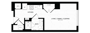 a floor plan of a small house with a bathroom and a kitchen