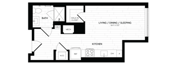 a floor plan of a room with a bathroom and a kitchen