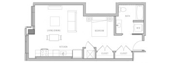 a floor plan of a studio apartment with a bedroom and a living room