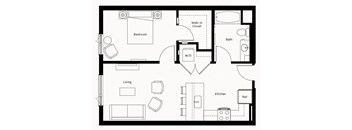 a floor plan of a residence with a bedroom and a living room