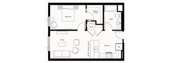 a floor plan of a residence with a bedroom and a living room