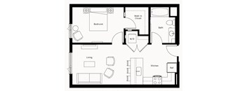 a floor plan of a residence with a bedroom and a living room