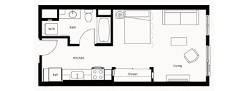 a floor plan of a small room with a bedroom and a bathroom