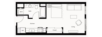 a floor plan of a small room with a bedroom and a bathroom