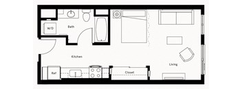 a floor plan of a small room with a bedroom and a bathroom