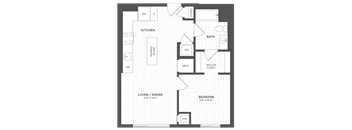 a floor plan of a bedroom apartment with a bathroom and a kitchen