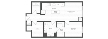 a floor plan of a bedroom apartment with a kitchen and a living room