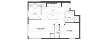 a floor plan of a bedroom apartment with a bathroom and a kitchen