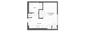 a floor plan of a studio apartment with a bedroom and a living room