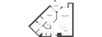 A black and white floor plan of a house with a balcony, bedroom, bath, living/dining area, kitchen, and closet.