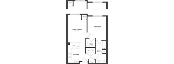 A floor plan of a home with a living room, dining room, kitchen, and bathroom.