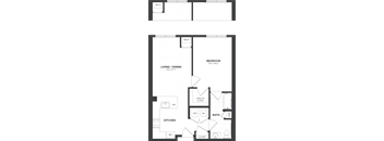A floor plan of a bedroom, living/dining area, kitchen, and bathroom.
