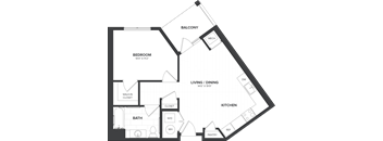 A floor plan of a house with a balcony, bedroom, living/dining area, kitchen, bathroom, and pantry.
