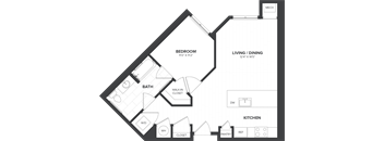 A floor plan of a house with a bedroom, bathroom, living/dining area, kitchen, pantry, and closets.