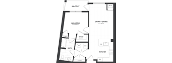 A floor plan of a home showing a bedroom, bathroom, kitchen, and living/dining area.