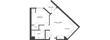 A floor plan of a house with a balcony, living/dining area, kitchen, bathroom, and pantry.
