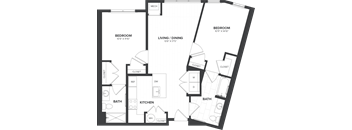 A floor plan of a home with two bedrooms, a living room, a dining area, a kitchen, two bathrooms, and a closet.