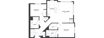 A floor plan of a house with two bedrooms, a kitchen, a living/dining area, and a bathroom.