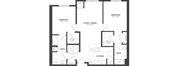 A floor plan of a home with two bedrooms, a living/dining area, a kitchen, two bathrooms, and a laundry room.