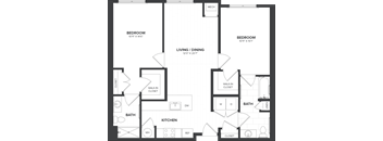A floor plan of a home with two bedrooms, a living/dining area, a kitchen, and two bathrooms.