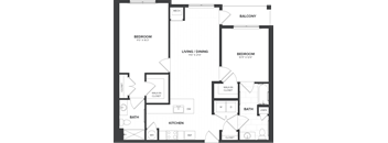 A black and white image of a floor plan for a home with a balcony, two bedrooms, a living/dining area, a kitchen, a bathroom, and a walk-in closet.