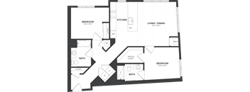 A floor plan of a house with two bedrooms, a living area, a kitchen, a bathroom, and a walk-in closet.