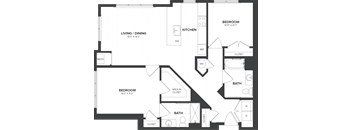 A black and white floor plan of a house with two bedrooms, a living/dining area, a kitchen, and two bathrooms.