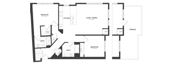 A floor plan of a house with two bedrooms, a living/dining area, a kitchen, a bathroom, and a terrace.