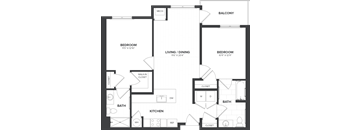 A black and white image of a floor plan for a home with two bedrooms, a living/dining area, a kitchen, two bathrooms, and a balcony.