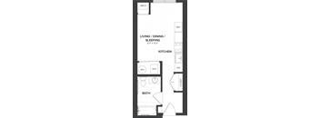 A floor plan of a small apartment with a living room, dining room, kitchen, bathroom, and closet.