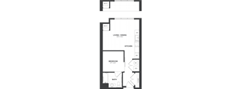 A floor plan of a living and dining area connected to a kitchen and a bedroom with a bathroom.