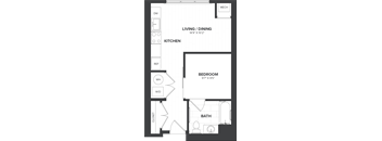 A floor plan of a small apartment with a living/dining area, kitchen, bedroom, bathroom, and closet.