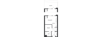 A floor plan of a house with a balcony, living/dining area, kitchen, bedroom, and bathroom.