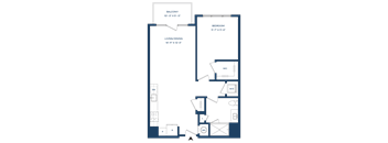 A floor plan of a house with a balcony, bedroom, and living/dining area.
