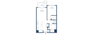 A floor plan of a house with a porch, two bedrooms, a living/dining area, and a kitchen.