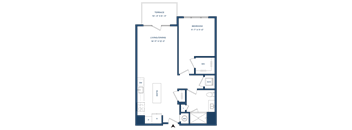 A floor plan of a house with a terrace, bedroom, and living/dining area.