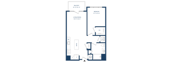 A floor plan of a house with a balcony, two bedrooms, a living/dining area, a bathroom, a kitchen, a laundry room, and a pantry.